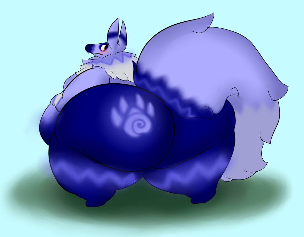 2014 ambiguous_gender animate_inanimate anthro anthrofied big_butt big_thighs biped black_eyes blue_and_white blue_background blue_countershading blue_fur blue_mane blue_markings blue_stripes blush butt butt_markings canine countershade_face countershading cyan_background digital_drawing_(artwork) digital_media_(artwork) digitigrade dipstick_tail embarrassed facial_markings fangs fluffy fluffy_tail frown full-length_portrait fur grumpy half-closed_eyes hand_on_stomach holding_belly huge_butt hyper hyper_butt long_tail looking_away looking_back mallowolf mammal mane markings monochrome moobs morbidly_obese multicolored_fur multicolored_mane multicolored_tail muzzle_(marking) nervous nude obese overweight pawprint pi&ntilde;ata portrait raised_tail rakashama rear_view reverse_countershading simple_background snout solo standing striped_tail stripes tuft two_tone_fur two_tone_mane video_games viva_pinata white_fur white_mane wolf