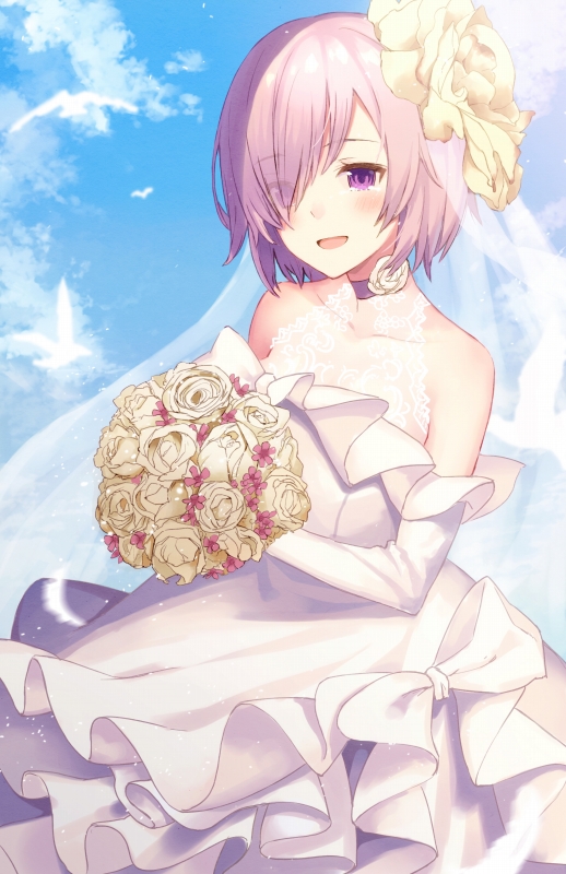 blue_sky blush bouquet bridal_gauntlets bridal_veil cloud cloudy_sky commentary_request cowboy_shot day dress elbow_gloves fate/grand_order fate_(series) flower gloves hair_over_one_eye haru_(hiyori-kohal) holding holding_bouquet mash_kyrielight open_mouth outdoors purple_eyes purple_hair short_hair sky smile solo veil wedding_dress white_dress white_gloves