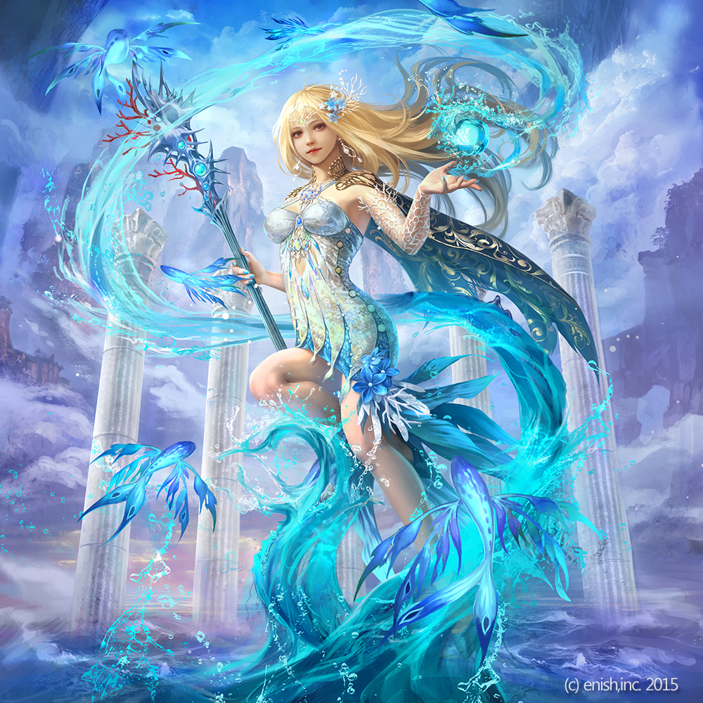bahamut_crisis black_cape blonde_hair breasts cape cloud column coral day dress earrings eudia_(serenity2200) fish flying_fish full_body holding holding_staff jewelry long_hair looking_at_viewer medium_breasts outdoors pillar solo staff standing water watermark white_dress
