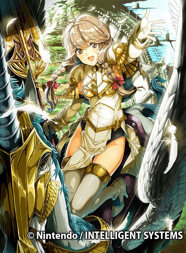 armor blonde_hair braid breastplate brown_eyes company_name daigoman effie_(fire_emblem) feathers fire_emblem fire_emblem_cipher fire_emblem_echoes:_mou_hitori_no_eiyuuou gloves high_heels long_hair official_art open_mouth outstretched_arm pegasus pegasus_knight polearm riding solo thighhighs twin_braids weapon white_gloves