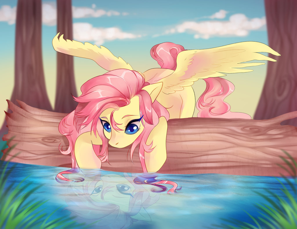 blue_eyes detailed_background equine feathered_wings feathers fluttershy_(mlp) friendship_is_magic hair hooves mammal my_little_pony naminzo pegasus pink_hair reflection sky wings yellow_feathers