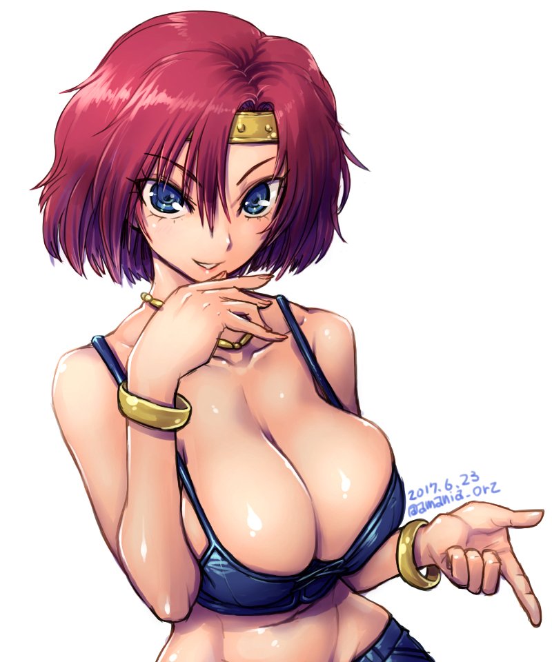 after_war_gundam_x amania_orz bare_shoulders blue_eyes bracelet breasts cleavage collarbone dated ennil_el fingernails grin gundam headband jewelry large_breasts lips looking_at_viewer navel necklace red_hair shiny shiny_hair shiny_skin short_hair simple_background smile solo twitter_username white_background
