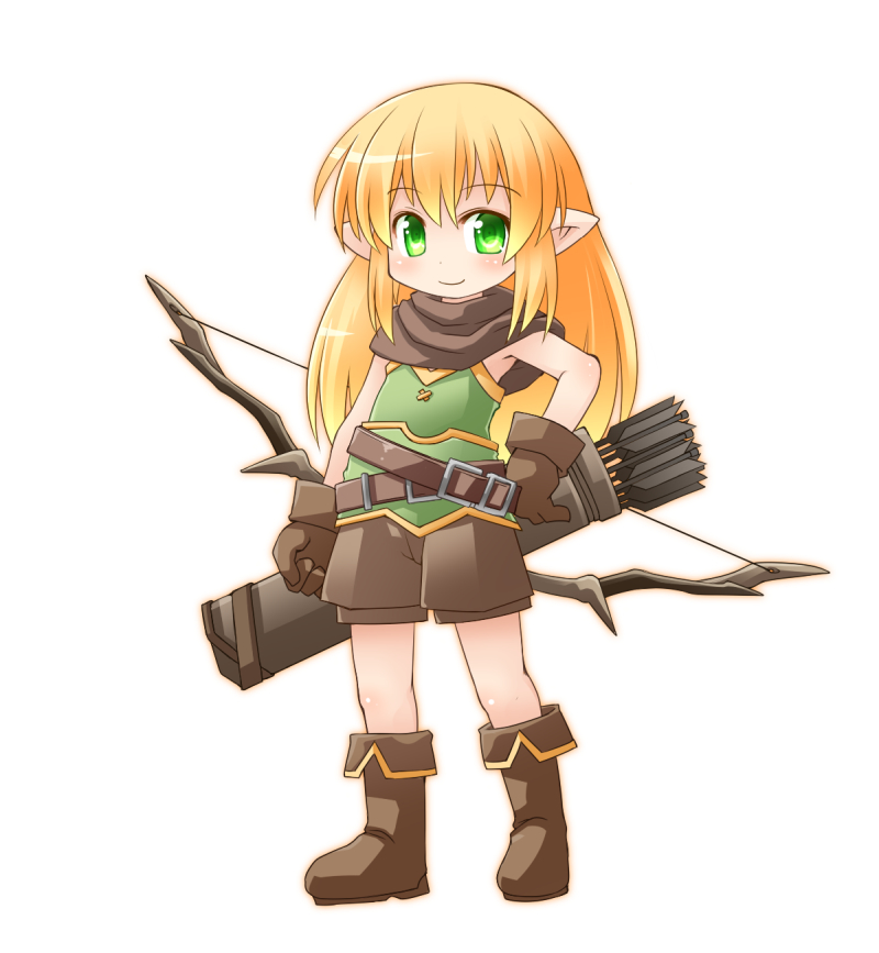 arrow belt blonde_hair boots bow_(weapon) capelet chibi elf full_body gloves green_eyes hair_down hand_on_hip kso long_hair looking_at_viewer original pointy_ears quiver shorts simple_background smile solo weapon white_background