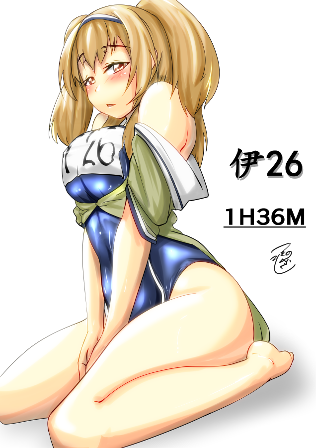 bare_shoulders blush breasts character_name commentary_request hairband i-26_(kantai_collection) kantai_collection large_breasts light_brown_eyes light_brown_hair long_hair looking_at_viewer making_of name_tag new_school_swimsuit off_shoulder one-piece_swimsuit open_clothes open_mouth sailor_collar school_swimsuit shiny shiny_clothes short_sleeves sitting solo swimsuit swimsuit_under_clothes thighs tsukino_murakumo two-tone_hairband two_side_up wariza white_background