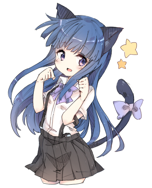 animal_ears bangs blue_hair blunt_bangs cat_ears cat_tail commentary_request furude_rika furuderi_mayono higurashi_no_naku_koro_ni long_hair looking_at_viewer open_mouth paw_pose purple_eyes short_sleeves simple_background skirt smile solo star suspenders tail upper_body white_background