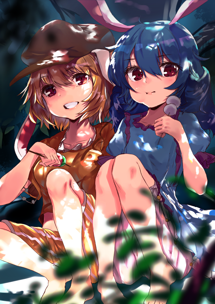 asuzemu bangs barefoot blonde_hair bloomers blue_dress blue_hair blurry blush breasts brown_hat dango dappled_sunlight day depth_of_field dress ears_down eating food frilled_sleeves frills grass grin hair_between_eyes hat knees_together_feet_apart legs looking_at_viewer low_twintails midriff multiple_girls red_eyes ringo_(touhou) seiran_(touhou) shiny shiny_hair short_sleeves shorts side-by-side sitting small_breasts smile striped striped_shorts sunlight touhou tree twintails underwear wagashi yellow_shorts