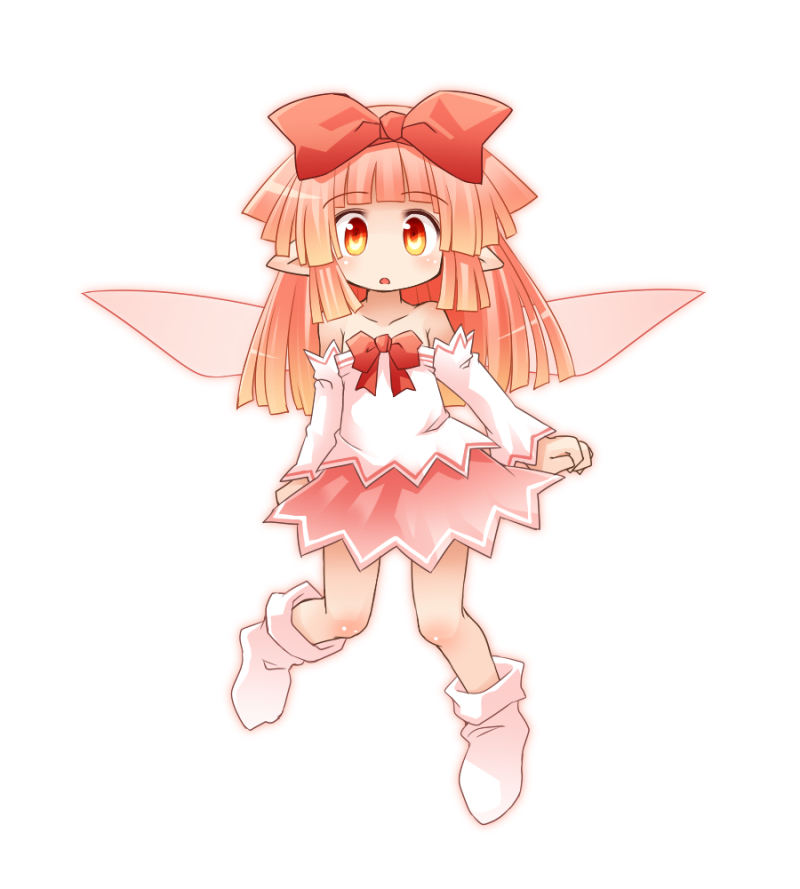 bangs bare_shoulders blunt_bangs bow chibi detached_sleeves dress fairy fairy_wings full_body hair_bow kso long_hair looking_at_viewer open_mouth orange_eyes orange_hair original pointy_ears simple_background solo white_background wings