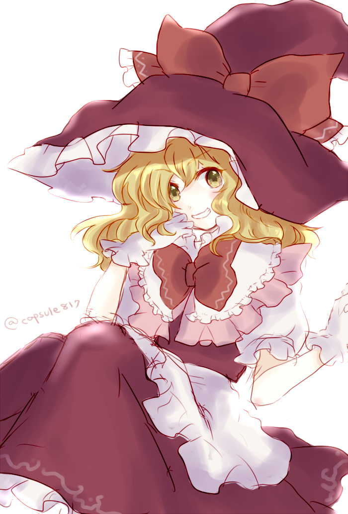apron blonde_hair blouse blush bow capelet gloves green_eyes grin hand_to_own_mouth hat hat_bow kirisame_marisa large_bow large_hat long_hair looking_at_viewer nonoko_(capsule-nnk) sitting skirt skirt_set smile solo touhou waist_apron wavy_hair white_gloves witch_hat