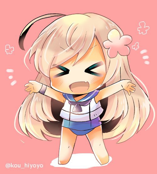 &gt;_&lt; :d blonde_hair chibi closed_eyes crop_top fang flower full_body hair_flower hair_ornament kantai_collection kouu_hiyoyo long_hair one-piece_swimsuit one-piece_tan open_mouth ro-500_(kantai_collection) sailor_collar school_swimsuit smile solo standing swimsuit swimsuit_under_clothes tan tanline twitter_username wristband xd