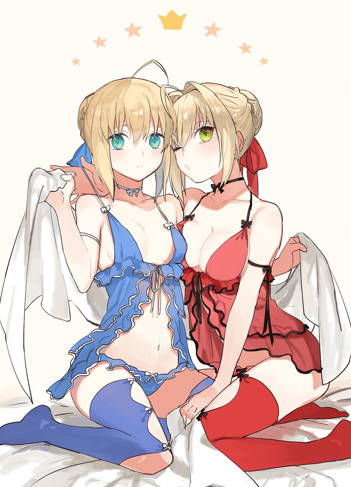ahoge armlet artoria_pendragon_(all) babydoll bare_shoulders bed_sheet black_ribbon blonde_hair blue_eyes blue_legwear blue_panties bow bow_panties breasts buun_ko cleavage closed_mouth collarbone fate/extra fate/stay_night fate_(series) frilled_panties frills full_body green_eyes hair_intakes head_tilt holding large_breasts looking_at_viewer multiple_girls navel nero_claudius_(fate) nero_claudius_(fate)_(all) no_shoes o3o one_eye_closed panties pulled_by_self red_legwear ribbon saber short_hair simple_background sitting stomach strap_pull thighhighs underwear wariza white_background white_bow