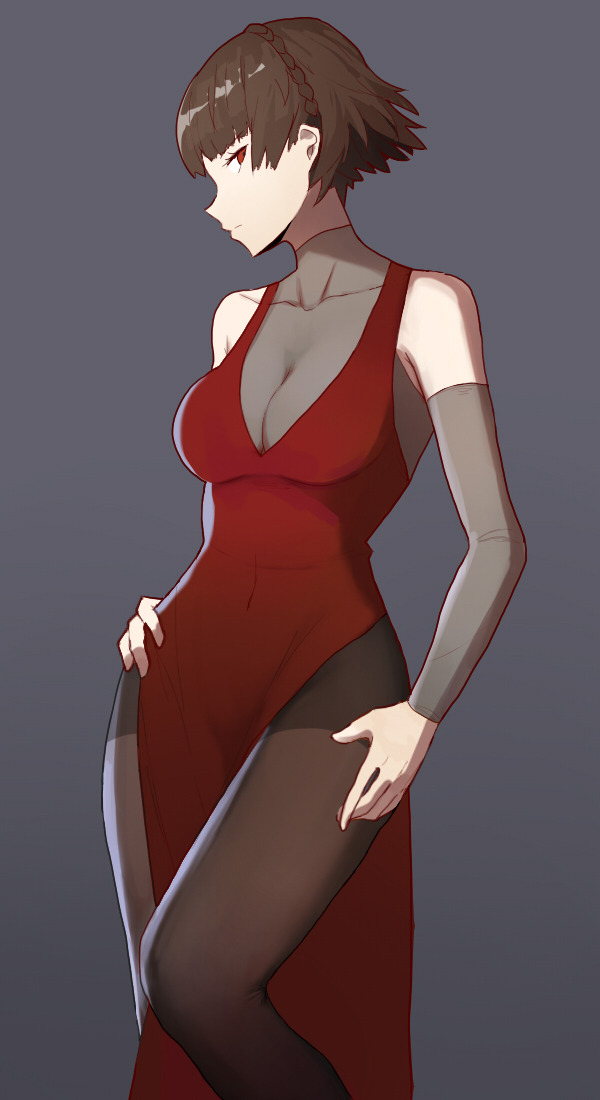 alternate_costume bare_shoulders breasts brown_hair cleavage collarbone detached_sleeves dress evening_gown grey_background hairband hand_on_hip looking_at_viewer medium_breasts niijima_makoto pantyhose persona persona_5 red_dress short_hair side_slit sideways_glance solo vic