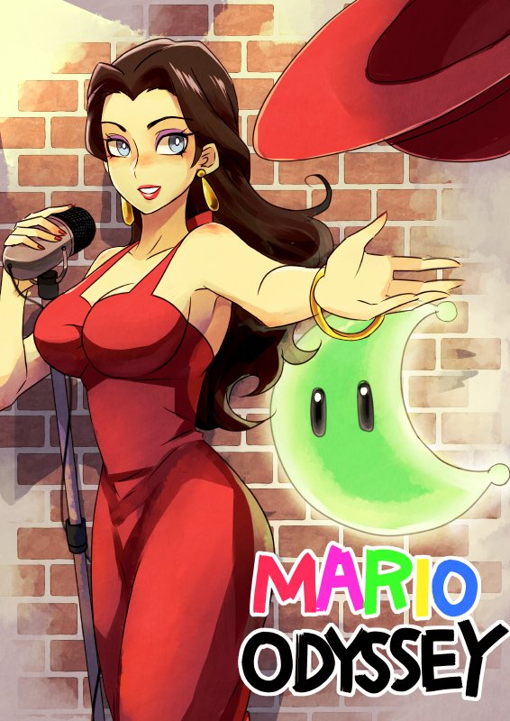 blue_eyes breasts brick_wall bright_pupils brown_hair cleavage copyright_name dress earrings hat jewelry large_breasts lipstick long_hair looking_at_viewer makeup mario_(series) microphone open_mouth outstretched_hand pauline_(mario) poo power_moon red_dress smile solo super_mario_bros. super_mario_odyssey