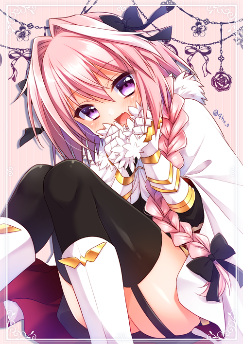 aichi_shiho artist_name astolfo_(fate) black_legwear blush braid cape commentary_request fang fate/apocrypha fate_(series) floral_background fur_trim garter_straps gauntlets hair_ribbon long_hair looking_at_viewer male_focus open_mouth otoko_no_ko pink_hair purple_eyes ribbon single_braid smile solo thighhighs thighs
