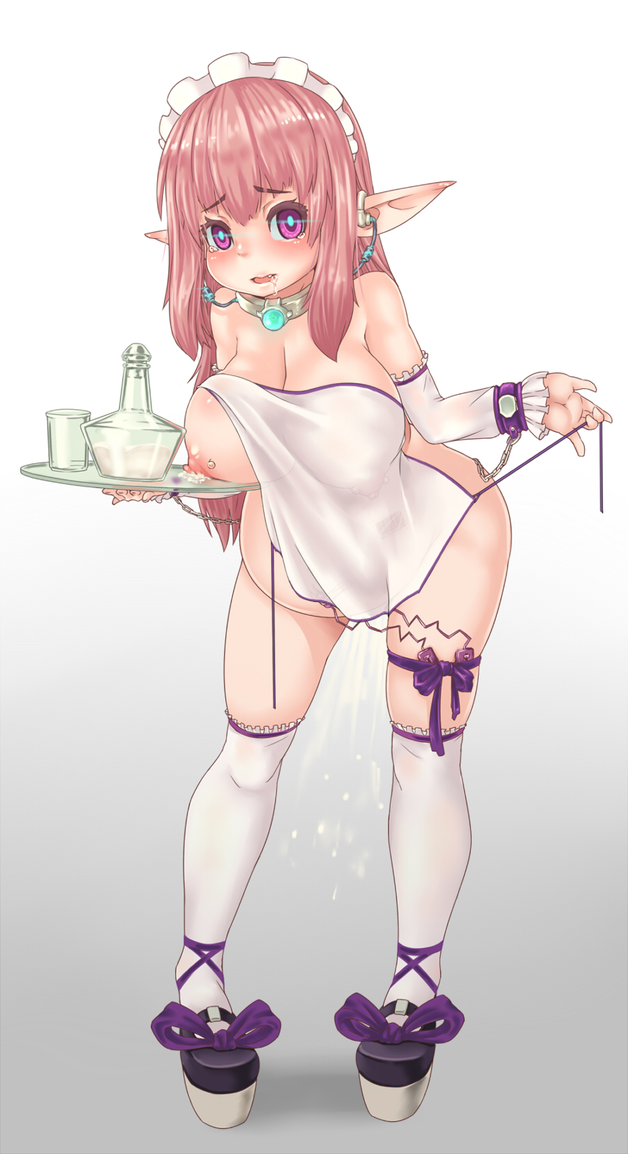 1girl areolae barcode barcode_tattoo blush breasts collar cuffs drooling elf female lactation large_breasts looking_at_viewer maid_headdress milk nipple_piercing nipples parted_lips piercing pink_eyes pink_hair pointy_ears pregnant saliva slave solo standing tattoo tears vibrator yakou_(4507770)