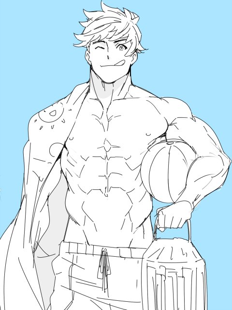 ;p abs adonis_belt ball beachball blue_background carrying_under_arm cooler cowboy_shot granblue_fantasy looking_at_viewer mabataki male_focus male_swimwear muscle one_eye_closed simple_background smile solo swim_trunks swimwear tongue tongue_out vane_(granblue_fantasy)