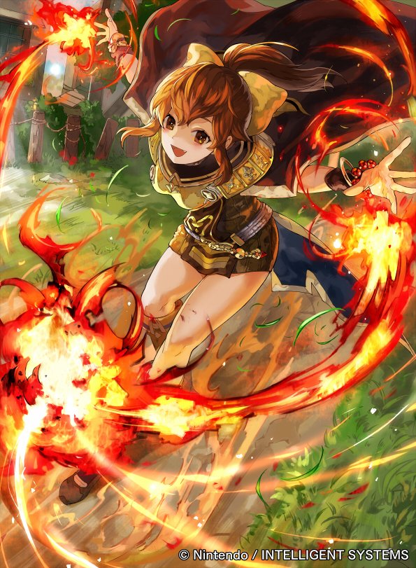 belt bow bracelet brown_eyes brown_hair capelet company_name dyute_(fire_emblem) fire fire_emblem fire_emblem_cipher fire_emblem_echoes:_mou_hitori_no_eiyuuou grass jewelry long_hair mayo_(becky2006) official_art open_mouth outstretched_arms ponytail solo spread_arms