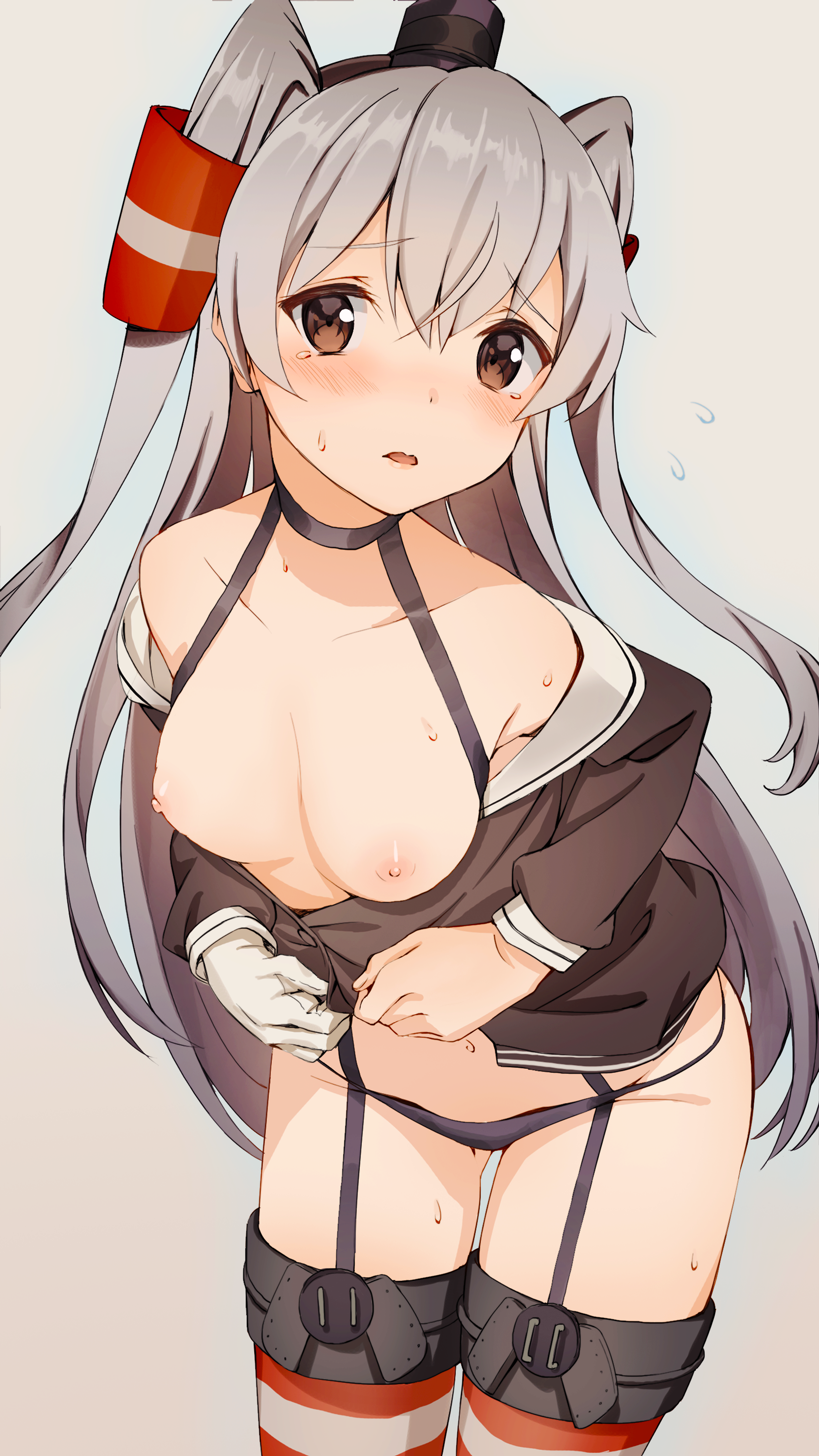 amatsukaze_(kantai_collection) black_dress black_panties blush breasts brown_eyes choker dress erubesuto flying_sweatdrops garter_straps hair_between_eyes hair_tubes highres kantai_collection long_hair long_sleeves nipples open_mouth panties red_legwear sailor_collar sailor_dress silver_hair small_breasts solo sweat tears thighhighs two_side_up underwear white_sailor_collar windsock