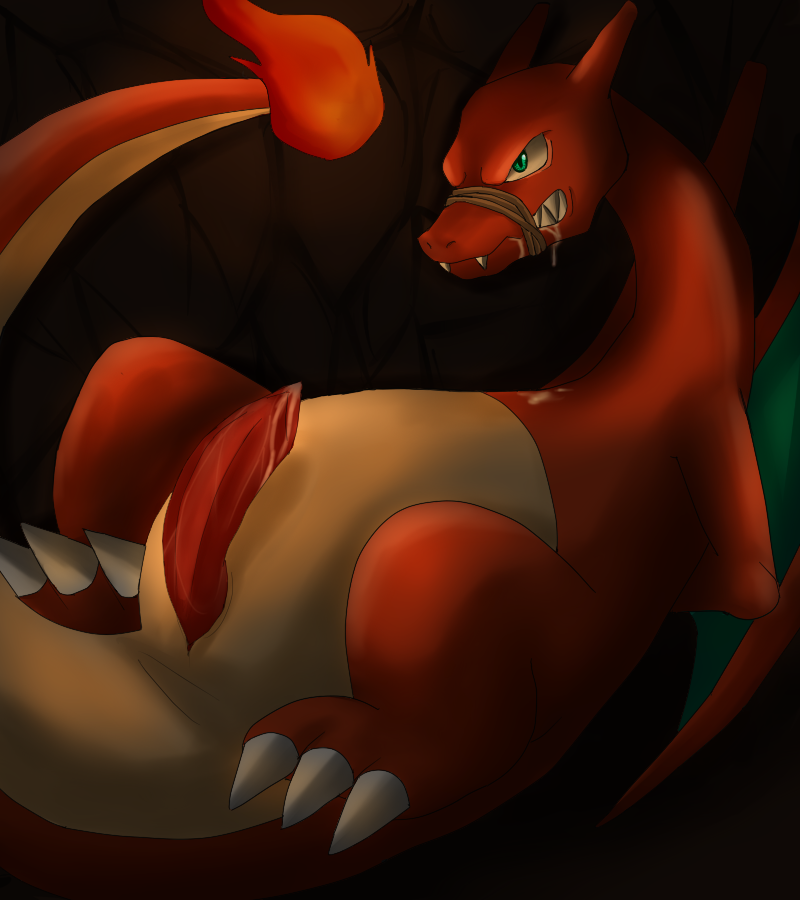 angry animal_genitalia bound cave charizard cloaca detailed_background erection exposed flaming_tail inside male nintendo penis pok&eacute;mon sharp_teeth solo teeth video_games wings ガメレオ