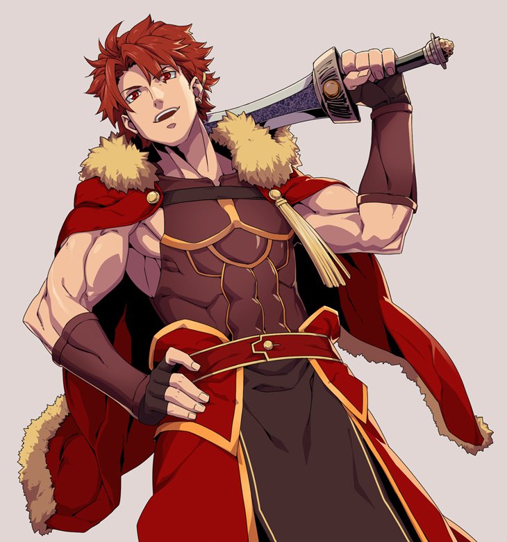 alexander_(fate/grand_order) biceps cape cosplay cowboy_shot dutch_angle fate/grand_order fate_(series) fur_trim grey_background hair_intakes hand_on_hip looking_at_viewer male_focus muscle older open_mouth over_shoulder red_eyes red_hair rider_(fate/zero) rider_(fate/zero)_(cosplay) sami_(object_dump) simple_background smile solo sword sword_over_shoulder weapon weapon_over_shoulder