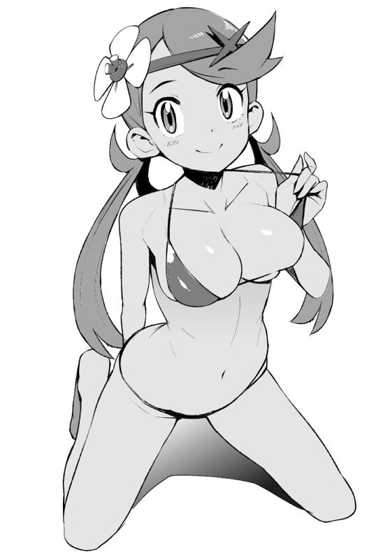 bikini breasts cleavage dark_skin flower full_body greyscale hair_flower hair_ornament halter_top halterneck kneeling large_breasts long_hair looking_at_viewer mao_(pokemon) monochrome navel pokemon pokemon_(game) pokemon_sm pulled_by_self simple_background smile solo strap_pull swimsuit tamagoroo_(funifuni_labo) twintails white_background