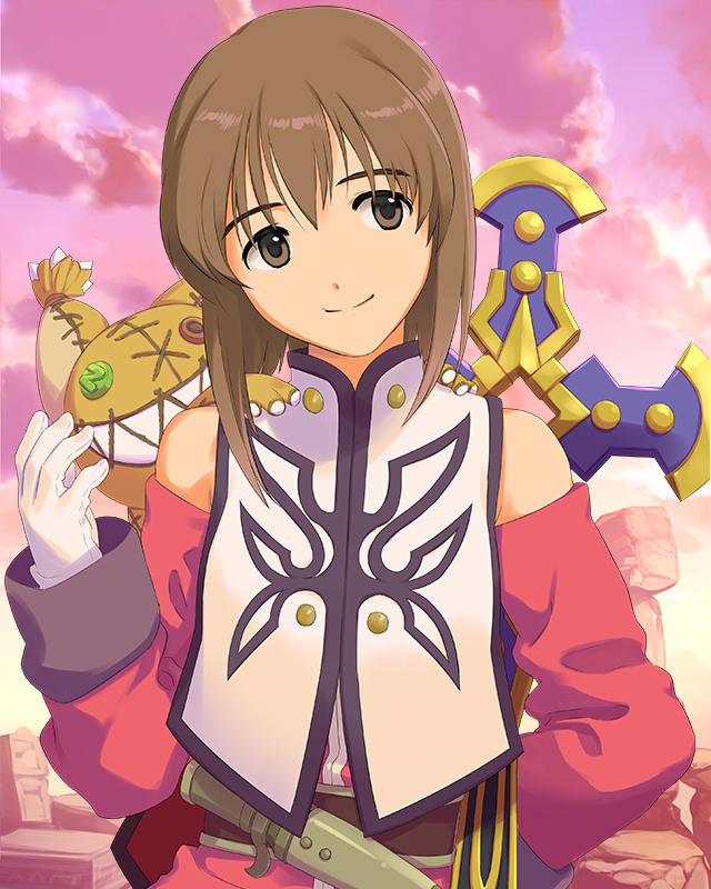 anise_tatlin anise_tatlin_(cosplay) annindoufu_(oicon) bob_cut brown_eyes brown_hair company_connection cosplay detached_sleeves gloves hagiwara_yukiho idolmaster idolmaster_(classic) idolmaster_cinderella_girls official_art scan short_hair smile solo tales_of_(series) tales_of_the_abyss tokunaga