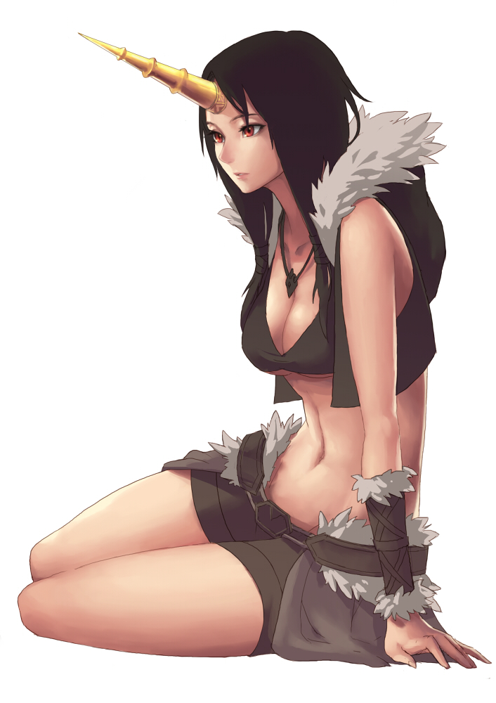 arm_support bare_shoulders black_bikini_top black_hair black_vest breasts cleavage collarbone commentary full_body fur_trim horn jewelry long_hair looking_away medium_breasts navel necklace oopartz_yang open_clothes open_vest original parted_lips red_eyes short_shorts shorts sitting solo stomach vambraces vest yokozuwari