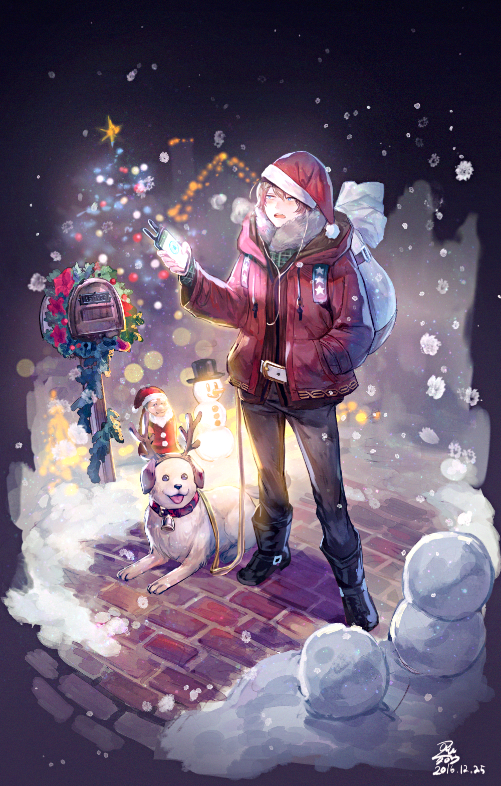 animal animal_ears antlers azutarou bell bell_collar belt black_footwear black_hat blue_eyes boots christmas christmas_lights christmas_tree coat collar dog fake_animal_ears fake_antlers gps hat highres holding holding_leash holding_phone looking_away looking_up mailbox_(incoming_mail) open_mouth original phone red_coat red_hat reindeer_antlers reindeer_ears sack santa_claus santa_costume santa_hat snow snowing snowman teeth top_hat winter_clothes winter_coat