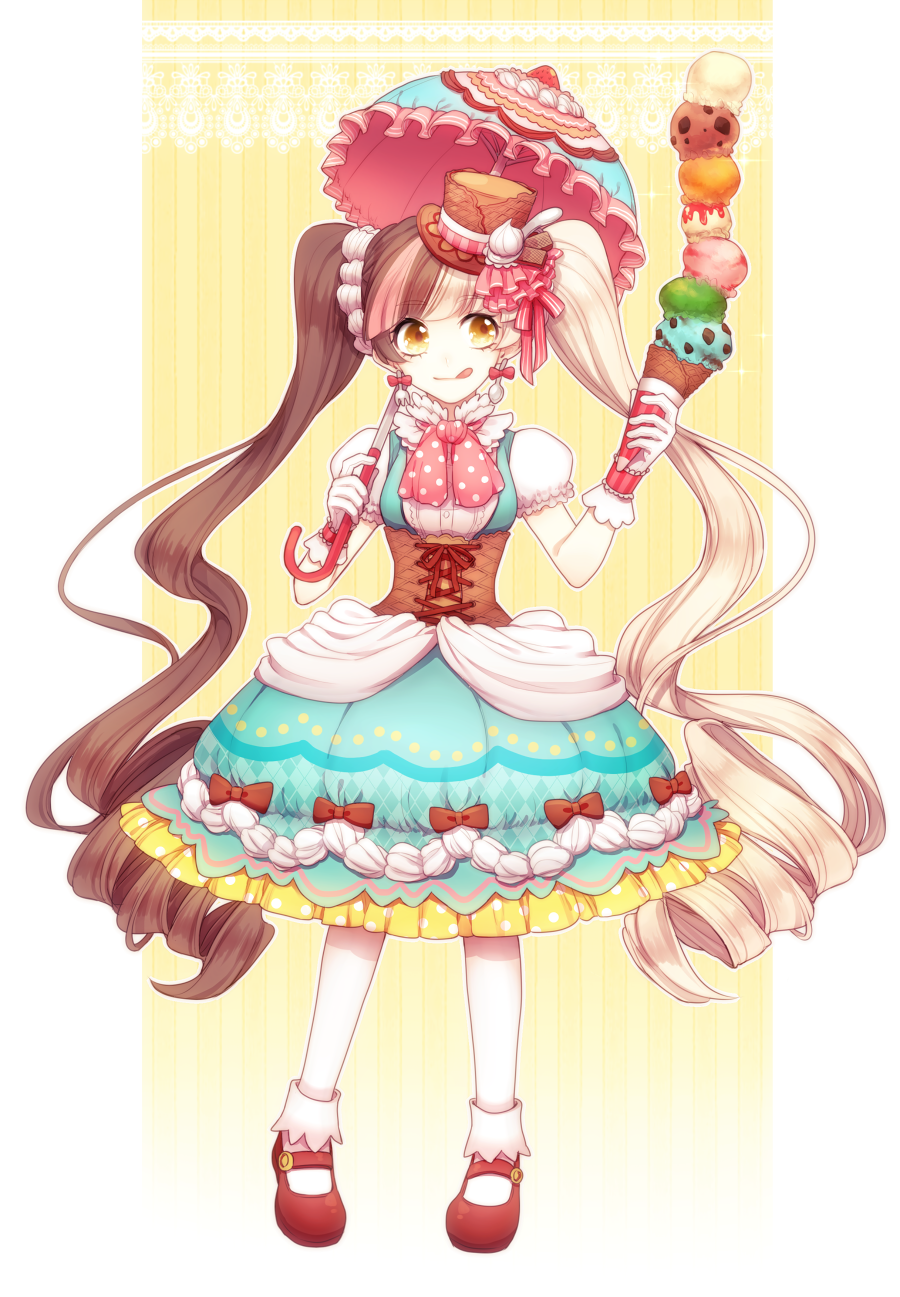 :q blonde_hair bow brown_bow brown_hair corset curly_hair dress earrings food food_themed_clothes fork full_body gloves hair_ribbon hat highres holding ice_cream_cone jewelry kiritani846 lolita_fashion long_hair mary_janes mini_hat mini_top_hat multicolored_hair original outline outside_border pale_skin parasol personification pink_bow pink_hair pocketland polka_dot polka_dot_bow red_footwear ribbon shoes socks solo spoon stack standing sweet_lolita tongue tongue_out top_hat twintails umbrella very_long_hair white_gloves white_legwear yellow_eyes