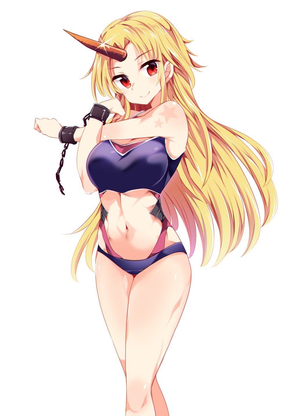 bikini blonde_hair breasts chain closed_mouth highres horn hoshiguma_yuugi large_breasts long_hair looking_at_viewer maturiuta_sorato navel outstretched_arm purple_bikini red_eyes simple_background smile solo standing star_tattoo swimsuit tattoo touhou white_background