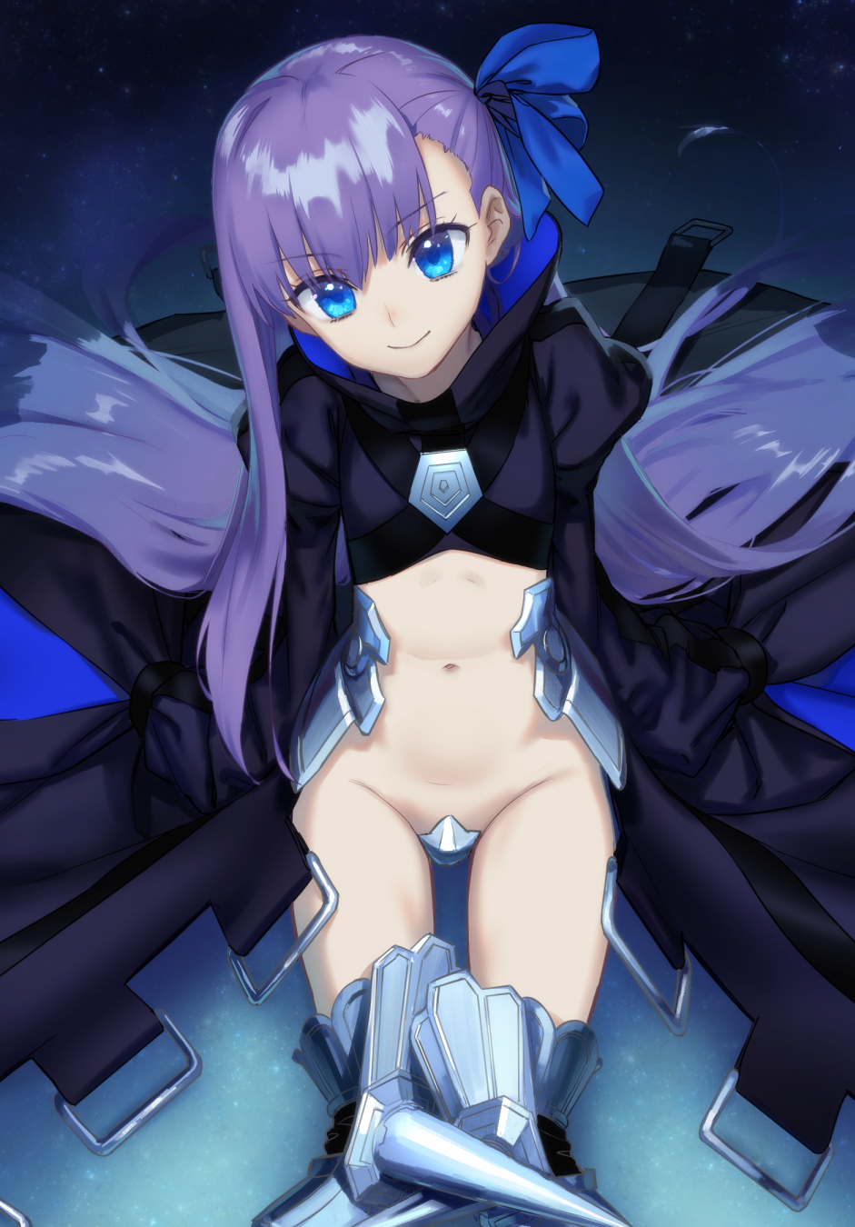 armor armored_boots blue_eyes boots crotch_plate fate/extra fate/extra_ccc fate/grand_order fate_(series) flat_chest from_above hair_ribbon highres kawakami_rokkaku long_hair long_sleeves looking_at_viewer looking_up meltlilith navel purple_hair revealing_clothes ribbon sitting solo very_long_hair