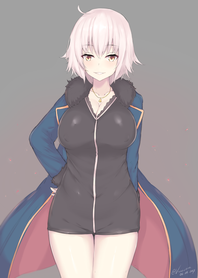 ahoge black_dress blue_coat blush breasts cleavage coat collarbone dated dress fate/grand_order fate_(series) fur_trim grey_background grey_hair hand_on_hip jeanne_d'arc_(alter)_(fate) jeanne_d'arc_(fate)_(all) kuavera large_breasts looking_at_viewer open_clothes open_coat pale_skin parted_lips short_hair signature simple_background smile solo thighs wicked_dragon_witch_ver._shinjuku_1999 yellow_eyes