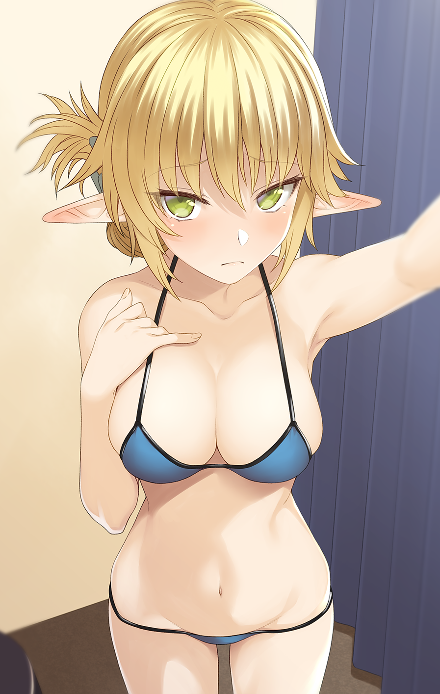 aegis_(takunomi) arm_up armpits bare_arms bare_legs bare_shoulders bikini blonde_hair blue_bikini blush bow breasts cleavage collarbone commentary_request cowboy_shot curtains elf embarrassed from_above green_eyes groin hair_bow hand_on_own_chest highres indoors large_breasts looking_at_viewer lowleg lowleg_bikini navel original pointy_ears reaching_out self_shot shy side_ponytail solo standing stomach swimsuit takunomi wavy_mouth