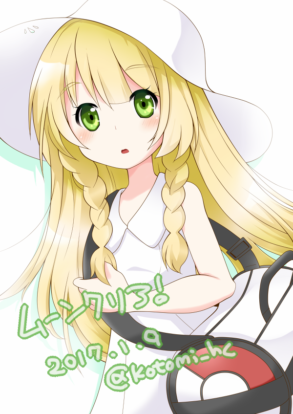 bangs bare_shoulders blonde_hair blush braid collared_dress commentary_request dated dress eyebrows_visible_through_hair flat_chest green_eyes hat kotomi_(happy_colors) lillie_(pokemon) long_hair looking_at_viewer open_mouth pokemon pokemon_(game) pokemon_sm shadow simple_background sleeveless sleeveless_dress solo sun_hat sundress translation_request twin_braids twitter_username upper_body white_background white_dress white_hat