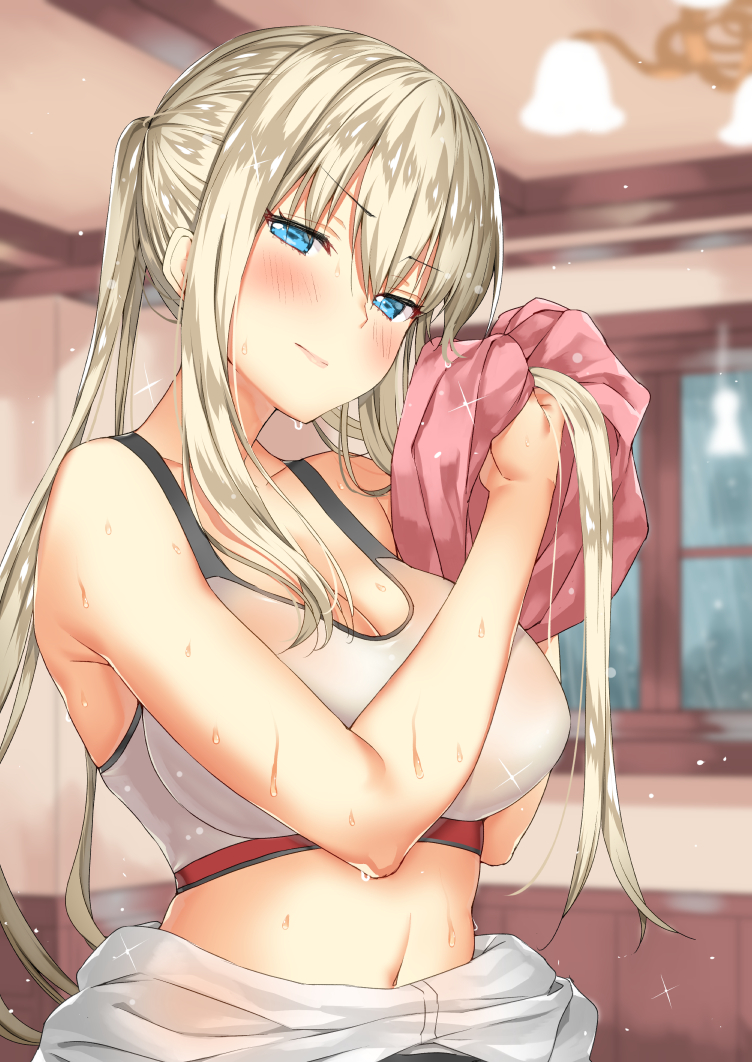 bare_arms blonde_hair blue_eyes blush body_mahattaya_ginga breasts cleavage closed_mouth drying drying_hair graf_zeppelin_(kantai_collection) indoors kantai_collection large_breasts lips long_hair looking_at_viewer midriff navel shiny shiny_hair solo sports_bra upper_body wet window