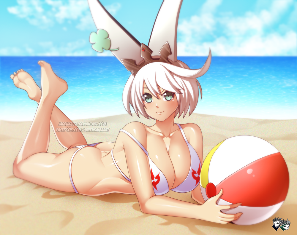 1girl ahoge aqua_eyes arc_system_works ass ball bare_shoulders barefoot beach bikini blush breasts bunny_ears butt_crack cleavage clover downpants elphelt_valentine four-leaf_clover guilty_gear guilty_gear_xrd guilty_gear_xrd:_revelator jadenkaiba large_breasts looking_at_viewer lying on_stomach shiny shiny_skin short_hair smile solo swimsuit the_pose white_hair