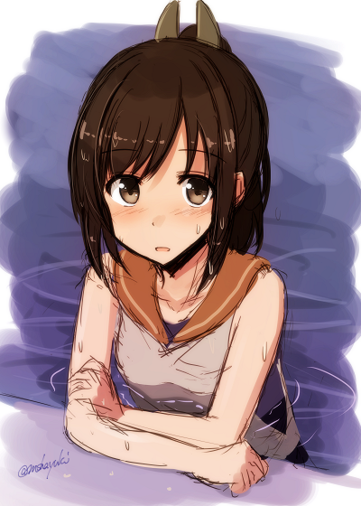 brown_eyes brown_hair hair_ornament hairclip i-401_(kantai_collection) kantai_collection mashayuki open_mouth orange_sailor_collar ponytail sailor_collar sailor_shirt school_swimsuit shirt short_hair sketch sleeveless sleeveless_shirt solo swimsuit swimsuit_under_clothes twitter_username water wet