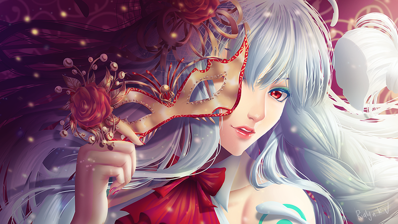 artist_name ascot braid colored_eyelashes dress eyelashes flower hair_flower hair_ornament holding holding_mask light_smile long_hair lumi_(vocaloid) mask mask_over_one_eye nail_polish parted_lips portrait realistic red_eyes red_flower red_nails red_neckwear red_rose removing_mask rialynkv rose shoulder_tattoo side_braid signature silver_hair single_braid sleeveless sleeveless_dress solo tattoo teeth vocaloid white_dress