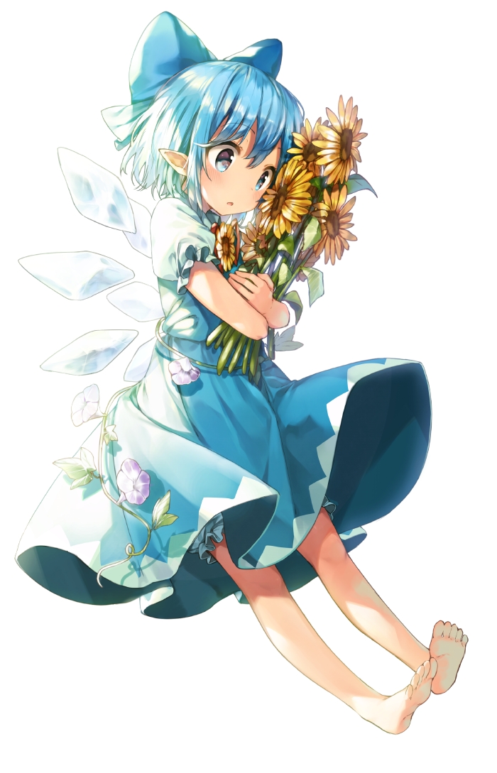 bad_id bad_pixiv_id barefoot blue_bow blue_dress blue_eyes blue_hair blush bow cirno dress eyebrows_visible_through_hair flower full_body hair_bow holding holding_flower ice ice_wings parted_lips pointy_ears shinoba short_hair simple_background solo sunflower touhou white_background wings