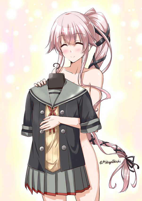 buttons clothes_hanger clothes_in_front commentary_request covering eyebrows_visible_through_hair grey_sailor_collar grey_skirt hair_between_eyes holding_clothes kantai_collection long_hair mikage_takashi nude_cover pink_hair pleated_skirt ponytail remodel_(kantai_collection) sailor_collar short_sleeves skirt smile solo twitter_username very_long_hair yura_(kantai_collection)