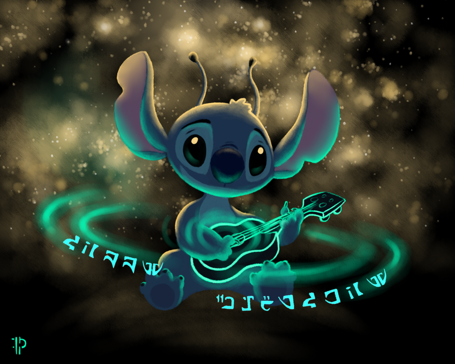 4_fingers 4_toes acoustic_guitar alien alien_text antennae birthday blue_eyes blue_fur blue_nose disney experiment_(species) fur glowing guitar head_tuft holding_object lilo_and_stitch musical_instrument notched_ear rom-art sitting smile space stitch toes tuft