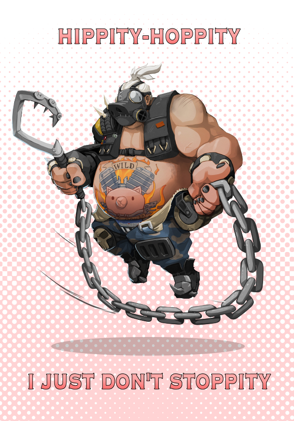 bandolier black_nails camouflage camouflage_pants chain chibi english fat fat_man fingerless_gloves gas_mask gloves grey_hair hook jump_rope knee_pads male_focus muscle nail_polish navel overwatch pants poem roadhog_(overwatch) shirtless single_pauldron solo spikes studded_bracelet tattoo weapon whistle_frog
