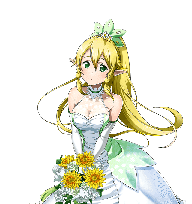 blonde_hair bouquet breasts cleavage collarbone dress elbow_gloves floating_hair flower gloves green_eyes hair_between_eyes hair_ornament high_ponytail holding holding_bouquet leafa long_hair looking_at_viewer medium_breasts official_art parted_lips pointy_ears sleeveless sleeveless_dress solo standing sword_art_online sword_art_online:_code_register transparent_background very_long_hair white_dress white_flower white_gloves yellow_flower