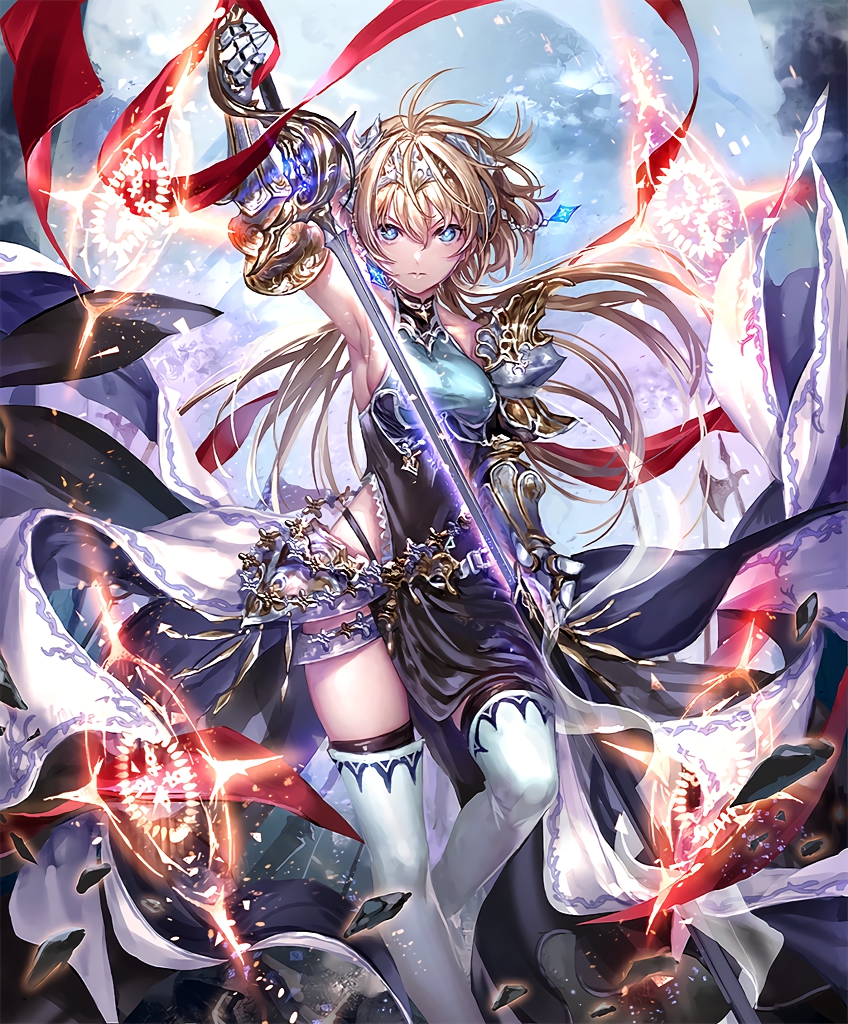 armor artist_request blonde_hair blue_eyes boots breasts crown cygames floating_rock gem gloves glowing glowing_sword glowing_weapon holding holding_sword holding_weapon irua long_hair magic_circle medium_breasts official_art roland_the_incorruptible scarf serious shadowverse sheath shingeki_no_bahamut sideboob sword thigh_boots thighhighs unsheathing weapon white_footwear white_legwear