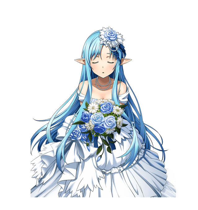 asuna_(sao) asuna_(sao-alo) blue_flower blue_hair bouquet breasts cleavage closed_eyes collarbone dress flower hair_flower hair_ornament holding holding_bouquet incoming_kiss jewelry long_hair necklace official_art parted_lips pointy_ears sleeveless sleeveless_dress small_breasts solo standing sword_art_online sword_art_online:_code_register transparent_background very_long_hair wedding_dress white_dress