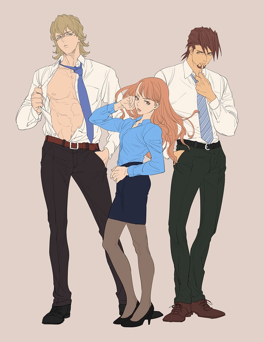 2boys abs age_difference barnaby_brooks_jr beard blonde_hair blouson_chiemi brown_hair business_suit facial_hair formal full_body hand_in_pocket height_difference kaburagi_t_kotetsu karina_lyle lipstick long_hair loose_necktie makeup mamemo_(daifuku_mame) multiple_boys necktie nipples office_lady open_clothes open_shirt parody parted_lips shirt short_hair simple_background suit tan_background tiger_&amp;_bunny undressing