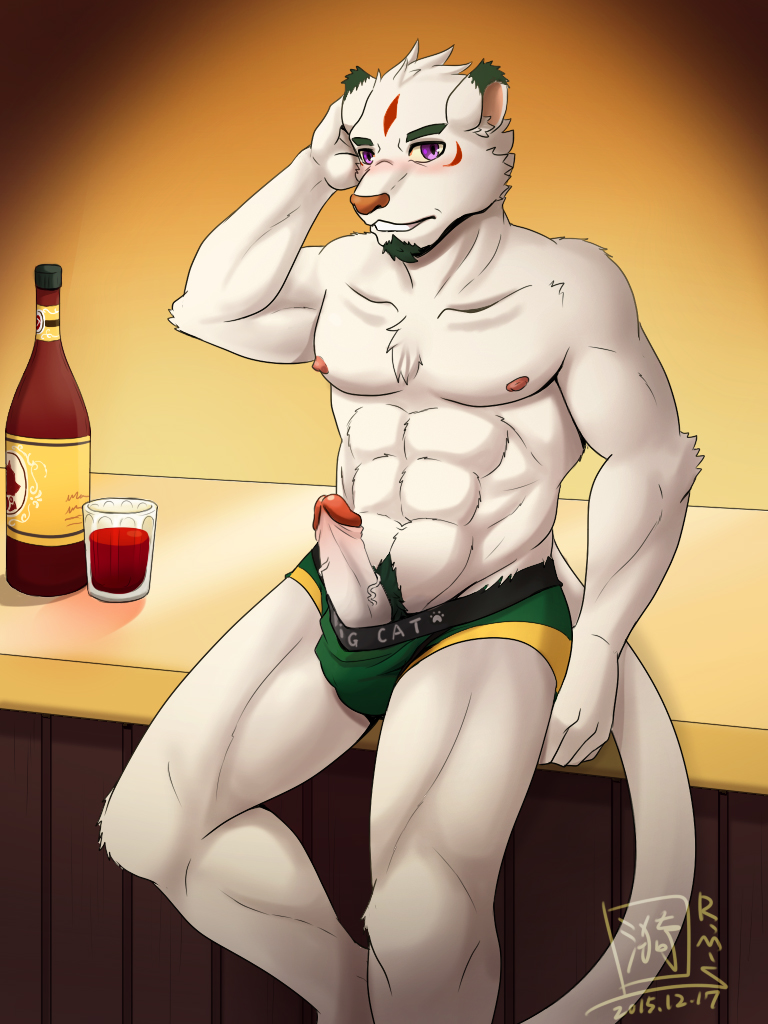 2015 abs alcohol anthro beverage blush bottle bulge clothed clothing erection feline fur glass humanoid_penis looking_at_viewer male mammal nipples penis pink_nose purple_eyes ripples_moon_shadow sitting solo topless underwear white_fur wine
