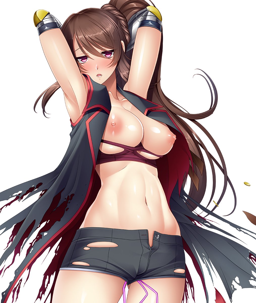 1girl areolae armpits arms_behind_head arms_up artist_request blush breasts breasts_outside brown_hair character_request female large_breasts long_hair looking_at_viewer navel nipples open_mouth ponytail puffy_nipples purple_eyes shiny_skin shorts side_ponytail solo standing taimanin_asagi_battle_arena