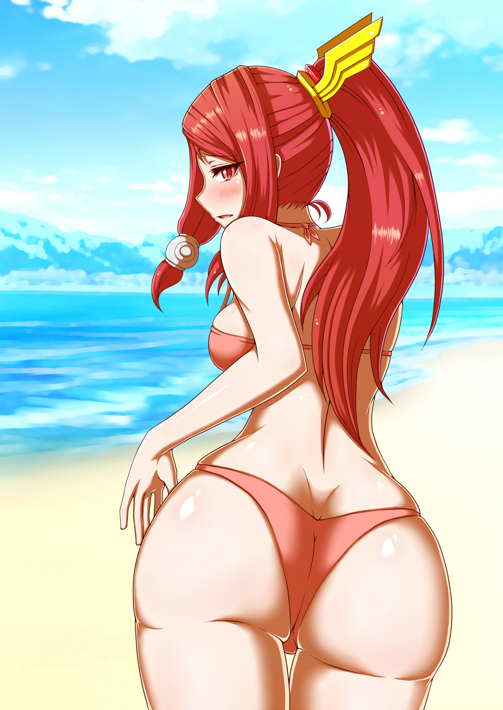 1girl artist_request ass back bare_shoulders bikini blazblue blue_sky blush bra breasts butt_crack embarrassed from_behind hair_ornament hair_tubes huge_ass izayoi_(blazblue) long_hair looking_at_viewer looking_back medium_breasts ocean open_mouth panties parted_lips ponytail red_eyes red_hair shiny shiny_hair shiny_skin sideboob solo swimsuit tsubaki_yayoi