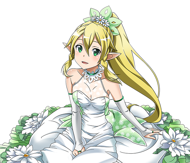:d between_legs blonde_hair blush braid breasts bridal_gauntlets cleavage dress floating_hair flower green_eyes hair_between_eyes hair_ornament hand_between_legs high_ponytail jewelry leafa long_hair looking_at_viewer medium_breasts official_art open_mouth pointy_ears ring sitting sleeveless sleeveless_dress smile solo sword_art_online sword_art_online:_code_register transparent_background twin_braids wedding_dress white_dress white_flower