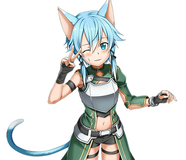 ;) animal_ears black_ribbon black_shorts blue_eyes blue_hair breastplate cat_ears cat_tail hair_ornament hair_ribbon midriff navel official_art one_eye_closed parted_lips ribbon short_hair_with_long_locks short_shorts shorts sidelocks sinon sinon_(sao-alo) slit_pupils smile solo standing stomach sweatdrop sword_art_online sword_art_online:_code_register tail transparent_background v